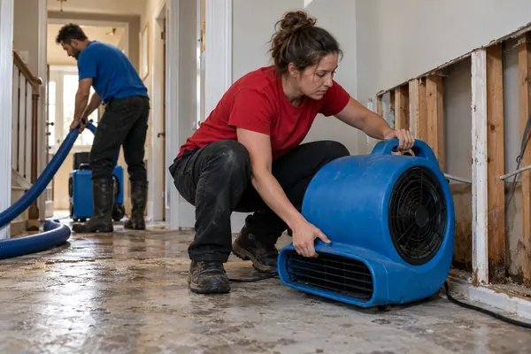 Technician crouches beside a blue air mover on a wet concrete hallway floor while a coworker handles a hose near the opened wall base