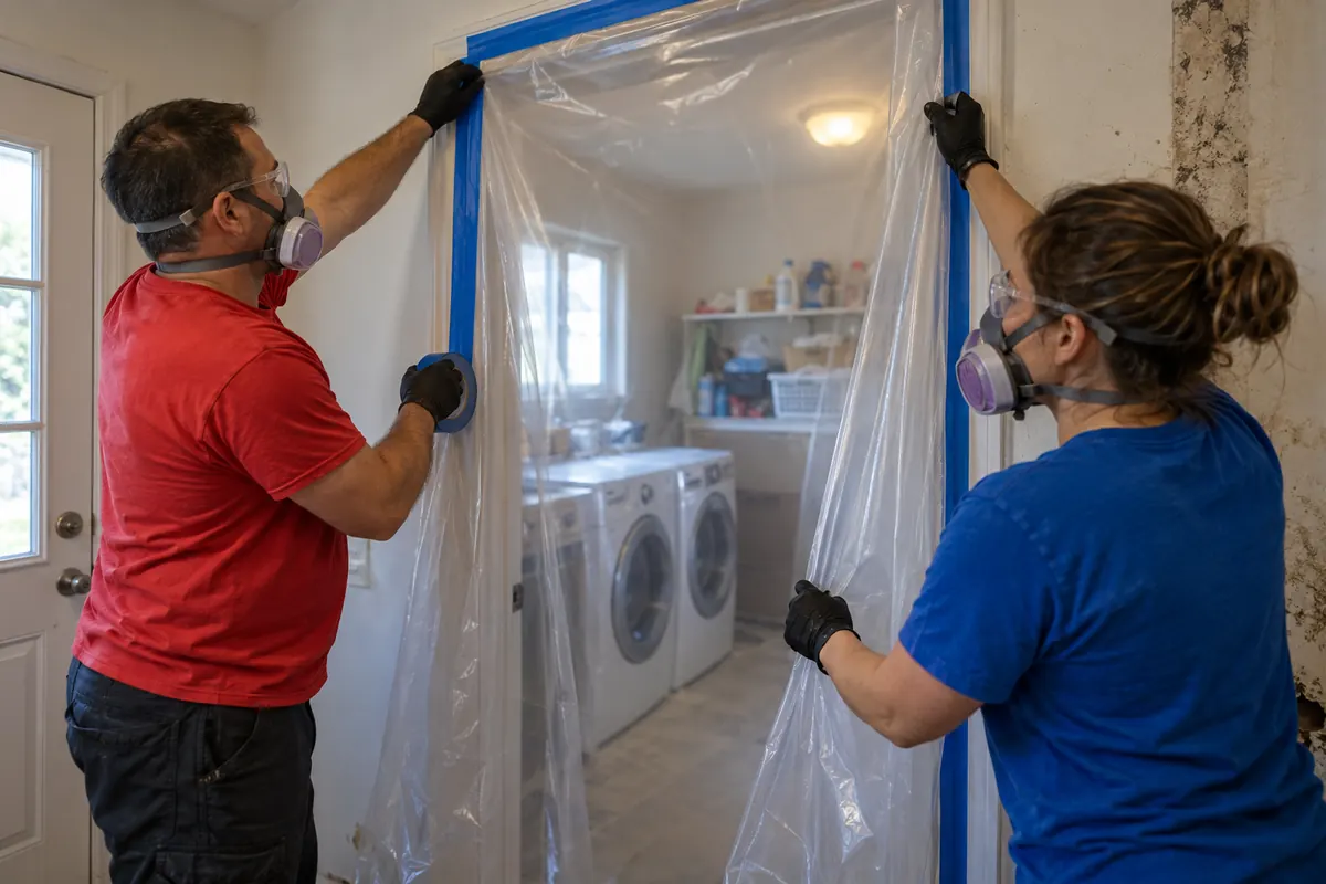 Two technicians in respirators taping plastic containment sheeting across a doorway to isolate a wet room from the rest of the building