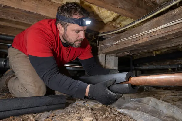 Technician with a headlamp kneeling in a tight crawlspace, wrapping black foam insulation around a copper water pipe over a torn vapor barrier