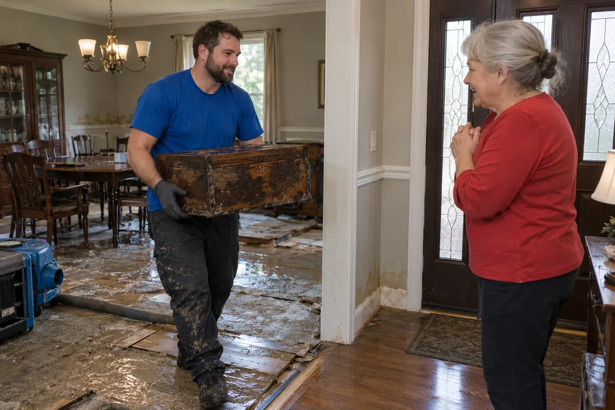 Restoration tech carrying a water-soaked wooden keepsake chest out of a flooded dining room while the homeowner watches from the entry