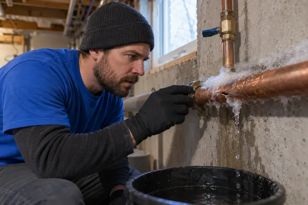 Plumber in a knit cap holds a wrench on a frosted copper pipe in a concrete basement wall with water dripping into a black bucket