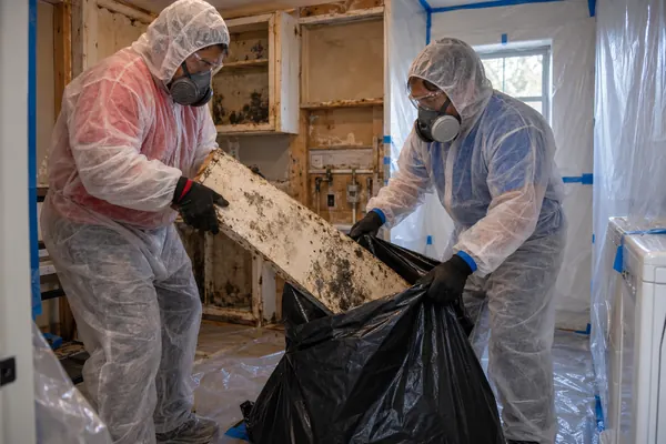 Two workers in white disposable suits and respirators lift a stained cabinet panel into a black contractor bag inside plastic-sheeted room