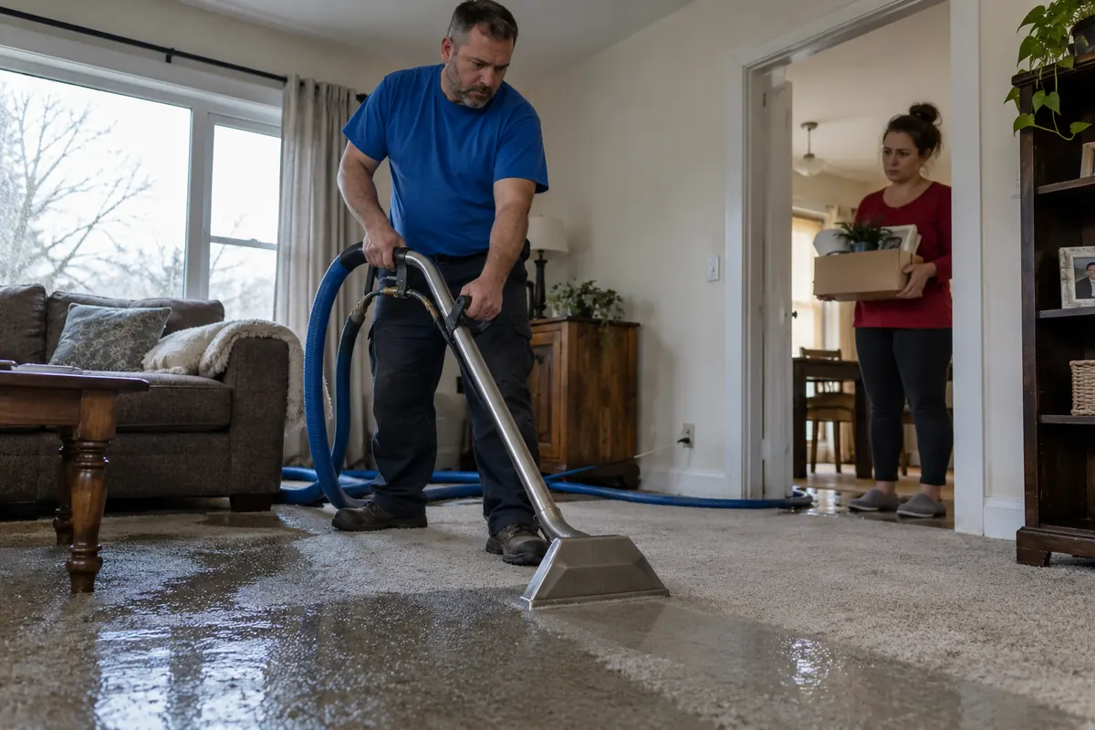 Technician pulling a wand extractor across soaked living room carpet while a homeowner carries a box through the doorway behind him