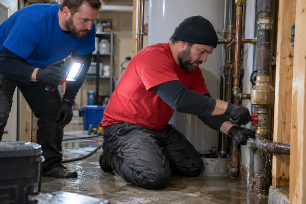 Technician kneels on a wet floor turning a valve on pipes beside a water heater tank while a coworker lights the area with a handheld lamp